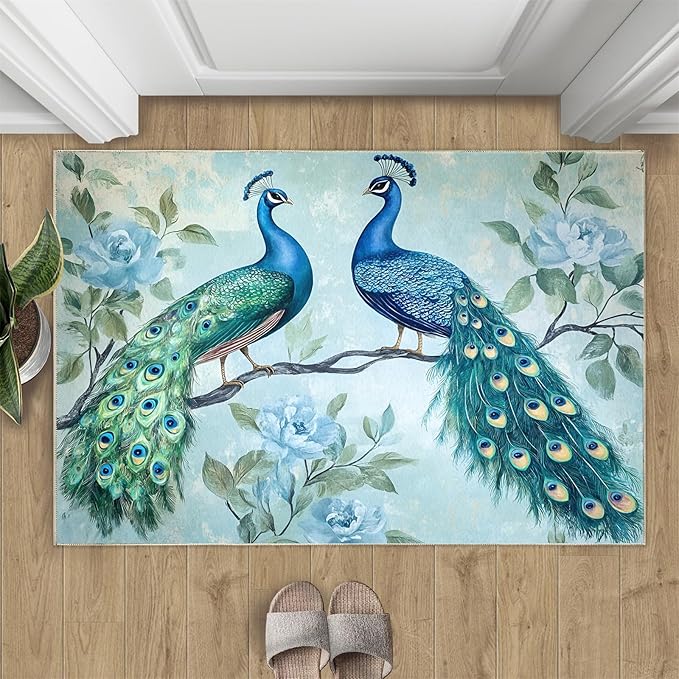Peacock Rugs for Living Room - 3x4 Rug, Classic Peacock Floral Area Rugs for Bedroom, Teal Turquoise Rug, Modern Style Washable Carpet, Aesthetics Carpet - Peafowl Home Decor & Gifts