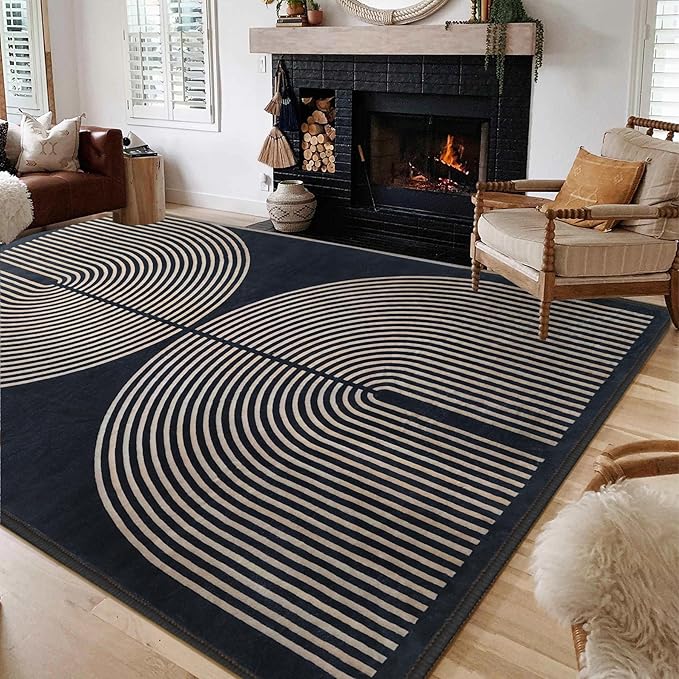 Modern Rainbow Area Rug 5x7 Black Cozy Soft Stain Resistant Non-Slip Non-Shedding Washable Rug, Farmhouse Rug for Living Room Dining Room Bedroom Balcony