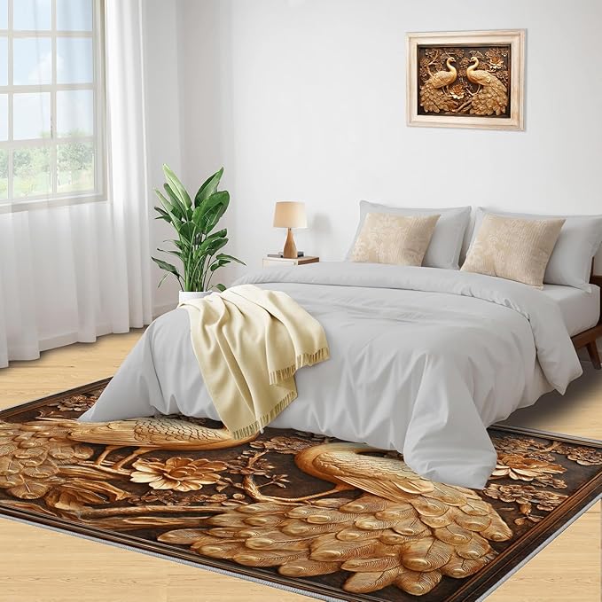 Peacock Rugs for Bedroom - 5x8 Rug, European Style Area Rugs for Living Room, Peacock Decor Carpet, Gold Peafowl Washable Area Mat, Luxury Carpet - Peafowl Home Decor & Gifts