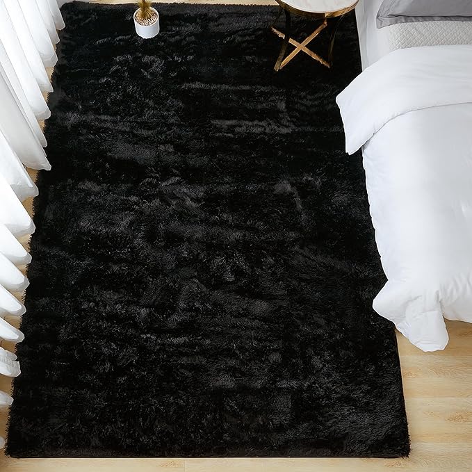 Andency Black Soft Area Rugs for Living Room Bedroom, 5x8 Fluffy Shaggy Bedside Rug, Non-Slip Large Shag Fuzzy Plush Carpets for Bedroom Kids Dorm Nursery Home Decor Aesthetic