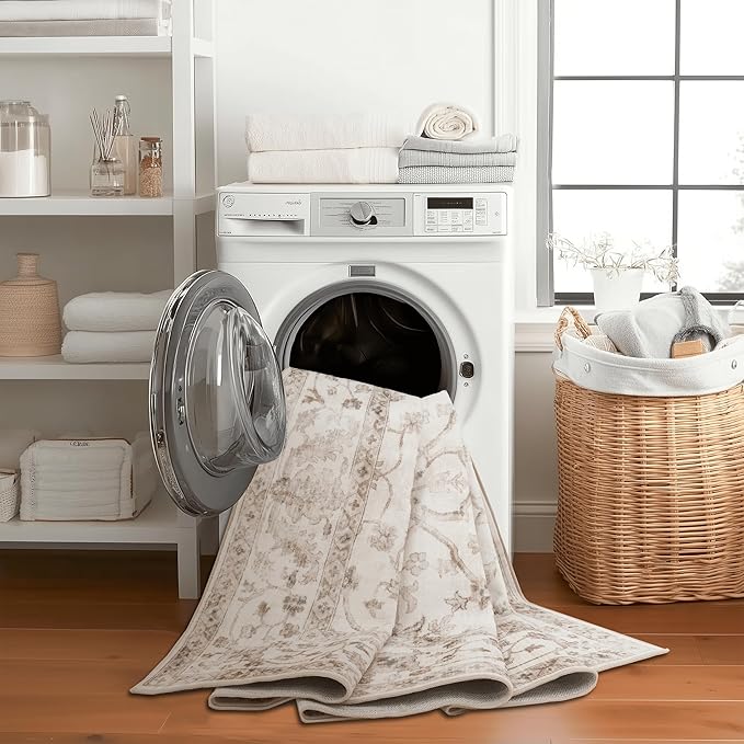 ReaLife Rugs Machine Washable Area Rug Runner - Living Room Bedroom Bathroom Kitchen Entryway Office - Padded Low Pile Stain Resistant Premium - Boho Farmhouse Vintage - BEV - Beige 3' x 5'