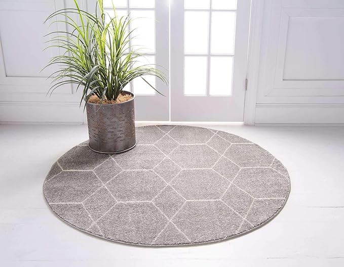 Unique Loom Trellis Frieze Collection Area Rug - Geometric (5' 1" Round Light Gray/Ivory)