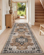 DEXI Hallway Runner Rug 3x8, Distressed Non Slip Runners Carpet, Boho Vintage Soft Thin Indoor Rug, Stain Resistant Washable Entry Mat for Entryway Kitchen Laundry Room Living Room, Brown