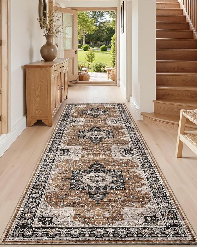 DEXI Hallway Runner Rug 3x8, Distressed Non Slip Runners Carpet, Boho Vintage Soft Thin Indoor Rug, Stain Resistant Washable Entry Mat for Entryway Kitchen Laundry Room Living Room, Brown