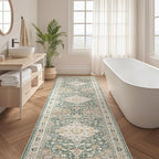 Runner Rug Kitchen Washable Rugs: 3x8 Non-Slip Abstract Soft Modern Stain Resistant Indoor Floor Neutral Accent Throw Carpet for Hallway Bathroom Laundry Room Entryway Bedroom- Green