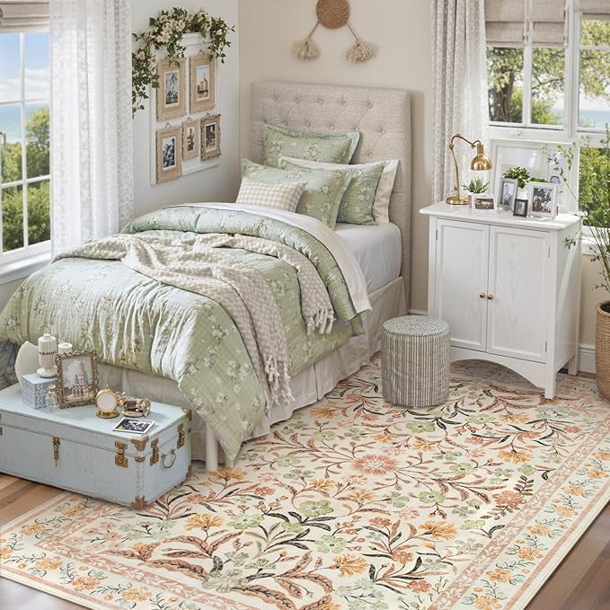Lahome Fall Boho Washable Area Rugs 5x7 for Bedroom, Bohemian Brown Rugs for Living Room, Soft Floral Thin Carpet for Kids Room Apartment Dorm Home Decor, Ochre Fall