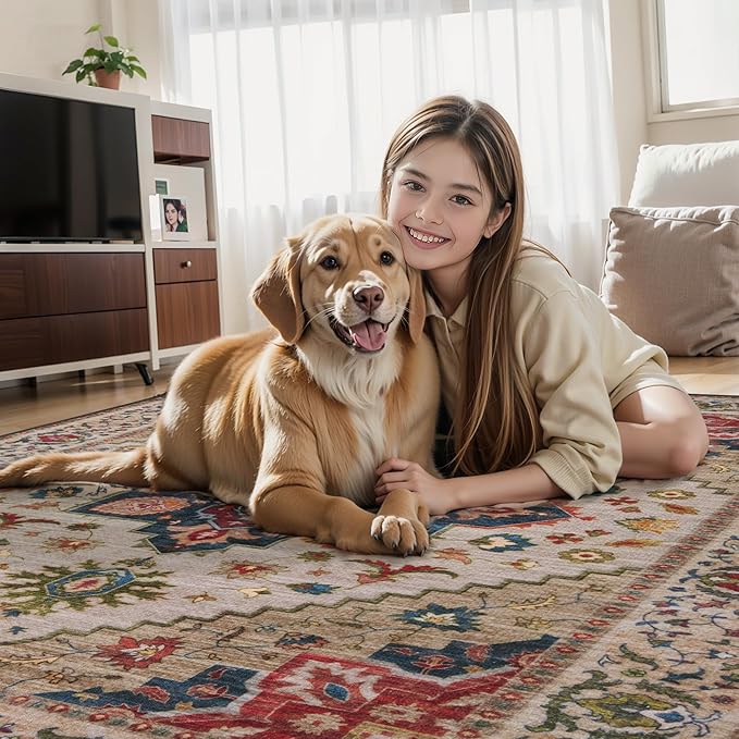Tangsoo 2x6 Washable Runner Rug for Hallways, Non Slip Vintage Runner Rug, Soft Boho Low Pile Long Rug Runner, Carpet Runners for Kitchen Bedroom Entryway Bathroom Living Room Beige/Red
