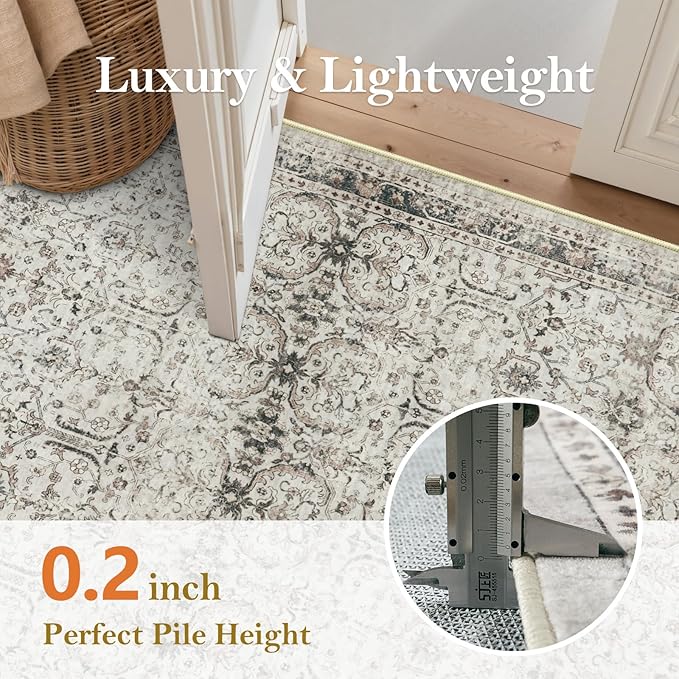 Moynesa Vintage Washable Grey 5x7 Living Room Rug, Neutral Area Rug for Bedroom Dining Room Kitchen, Low Pile Soft Non-Slip Retro Carpets for Office Indoor Nursery