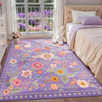 Floral 5x7 Area Rug Machine Washable Soft Print Boho Carpet Non Slip Doormat Low Pile Flower Area Rugs for Living Room Bedroom Nursery Kitchen Dining Room Indoor-Purple/Pink/Multi