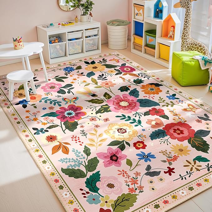 Floral 8x10 Area Rug Machine Washable Soft Print Boho Carpet Non Slip Doormat Low Pile Flower Area Rugs for Living Room Bedroom Nursery Kitchen Dining Room Indoor-Pink