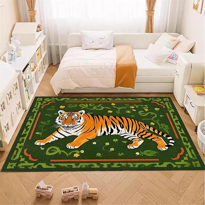 Jungle Tiger Area Rug,5x8ft, Cozy Jungle Style Tiger Print Area Rug Surrounded by Green Plants and Yellow Flowers Washable Animal Rug for Farmhouse Living Room Bedroom Kitchen Kids Room Decor