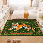 Jungle Tiger Area Rug,5x6ft, Cozy Jungle Style Tiger Print Area Rug Surrounded by Green Plants and Yellow Flowers Washable Animal Rug for Farmhouse Living Room Bedroom Kitchen Kids Room Decor