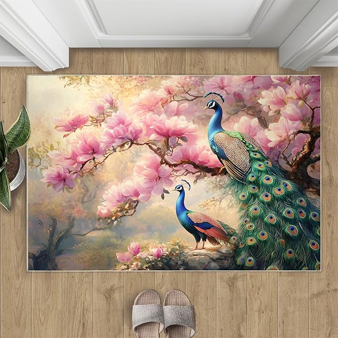 Peacock Magnolia Rug Small - 2x3 Rug, Pink Magnolia Washable Rugs for Living Room, Classic Carpet, Peafowl Non-Slip Area Rugs for Bedroom, Aesthetics Carpet - Peafowl Home Decor & Gifts