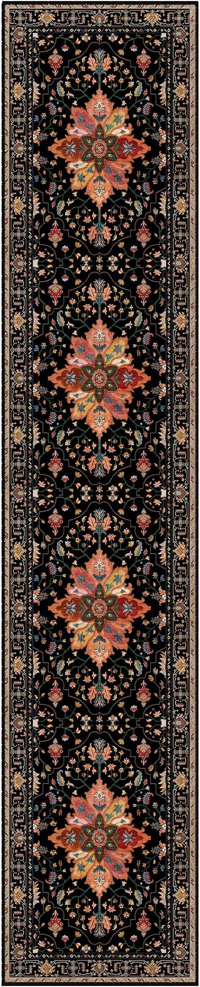 Area Rugs 2'6''x14' Washable Non-Slip, Floral Vintage Distress Print Pattern Medallion Carpet for Living Room Bedroom Dining Room, Black Colorful Floral Dark Tan