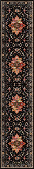 Area Rugs 2'6''x14' Washable Non-Slip, Floral Vintage Distress Print Pattern Medallion Carpet for Living Room Bedroom Dining Room, Black Colorful Floral Dark Tan