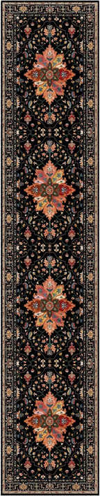 Area Rugs 2'6''x12' Washable Non-Slip, Floral Vintage Distress Print Pattern Medallion Carpet for Living Room Bedroom Dining Room, Black Colorful Floral Dark Tan