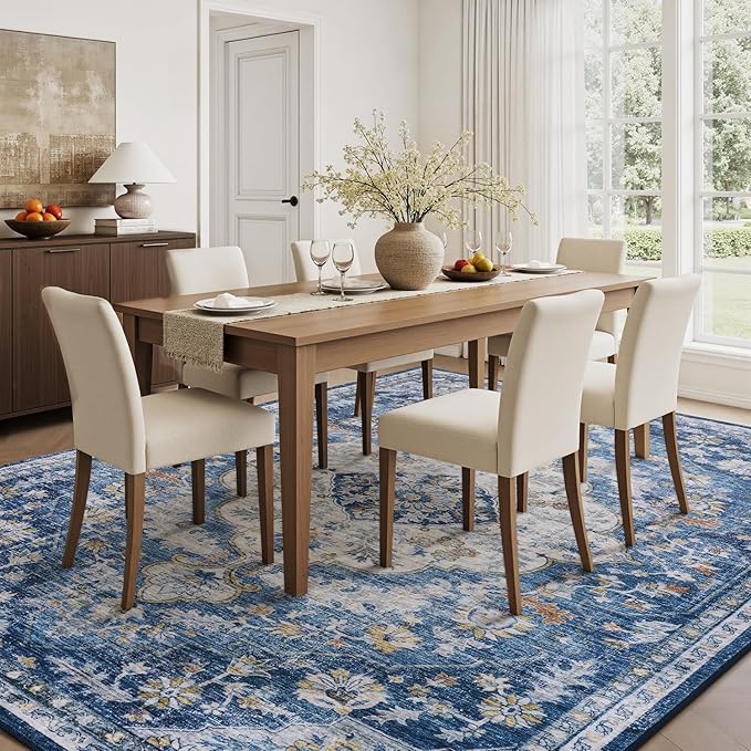 tchdio 8x10 Area Rugs for Living Room, Vintage Non Slip Washable Rug, Soft Low Pile Area Rug Large Floor Indoor Carpet for Bedroom, Dining Room, Office (Blue, 8'x10')