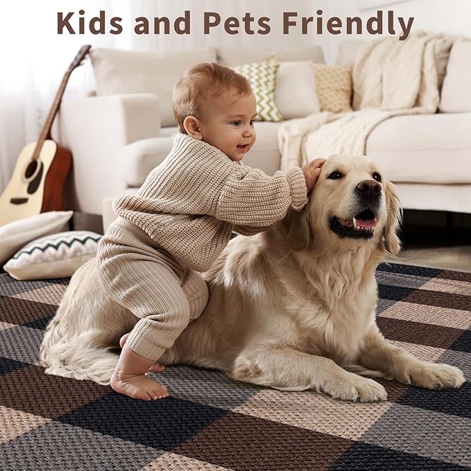 Tangsoo Checkered 4x6 Washable Easy Jute Area Rug for Patio,Non-Slip Black Brown Indoor Outdoor Rug,Modern Throw Mat Ultra Thin Carpet for Front Porch Kitchen Bedroom Foyer