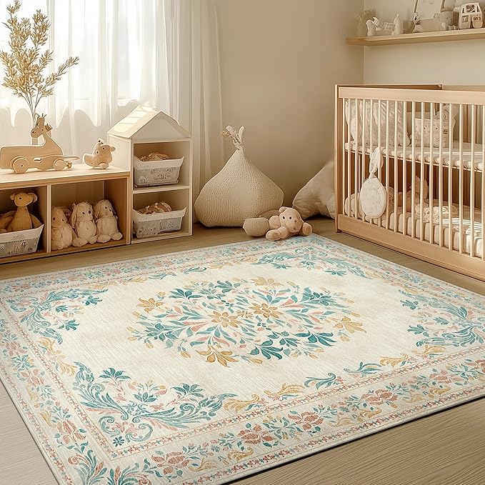 jinchan Floral 5x7 Area Rugs for Nursery - Machine Washable Vintage Distressed Design Soft Ultra-Thin Low-Pile Non-Slip Kids Carpet for Bedroom Living Room Dining Room Home Office (5x7ft, Apricot)