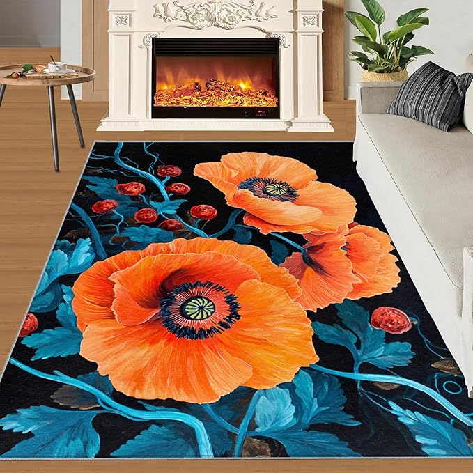 3x5 Poppy Dorm Rug - Retro Flowers Art Small Rugs for Bedroom, Rustic Florals Art Area Rug Washable Non Slip for Bedroom Kitchen Living Room Entryway