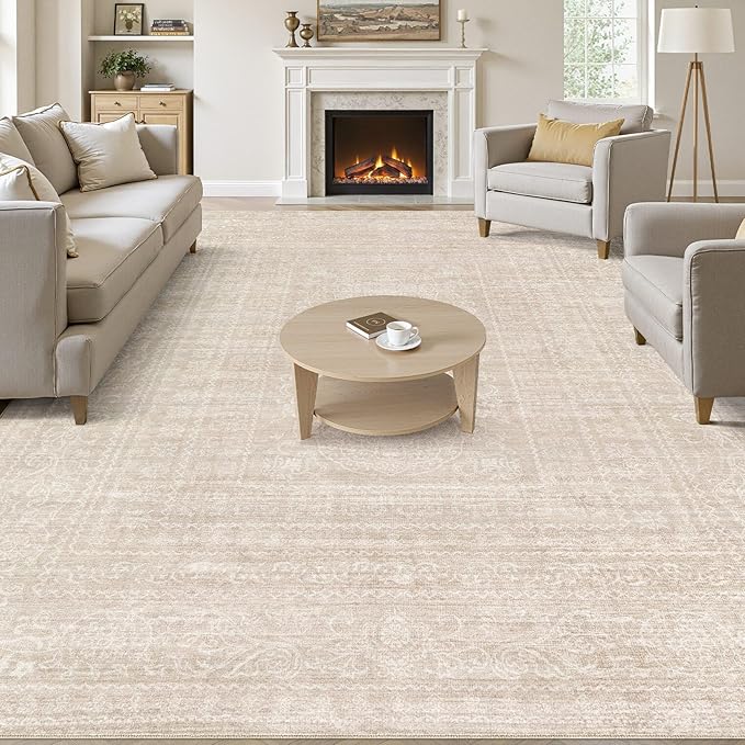 6x9 Area Rugs Living Room: Washable Large Vintage Beige Rug Neutral Non-Slip Soft Stain Resistant Indoor Carpet for Bedroom Nursery Dining Room Under Table Bed Home House Office Playroom