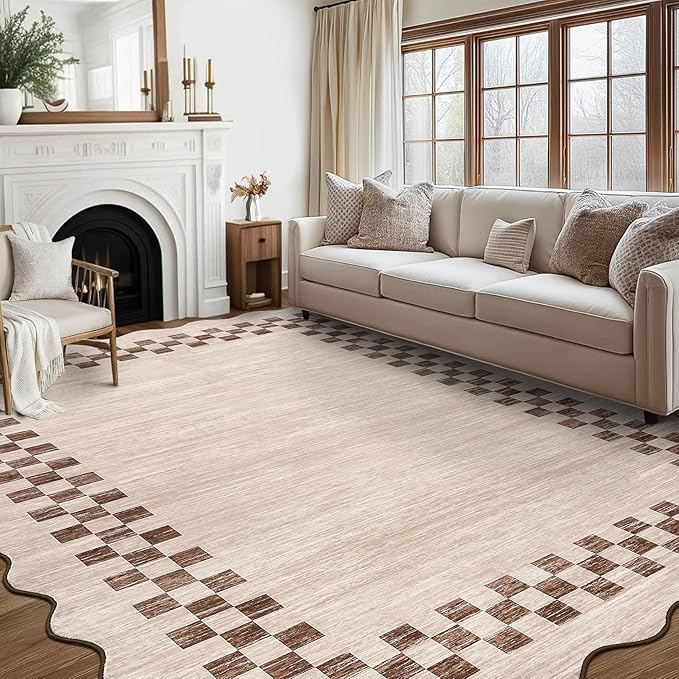 GarveeHome Area Rug 6x9 Large Living Room Modern Border Throw Rug with Rubber Backing Stain Resistant Dining Room Throw Carpet Washable Scalloped Rug for Bedroom Home Decor Office, Beige