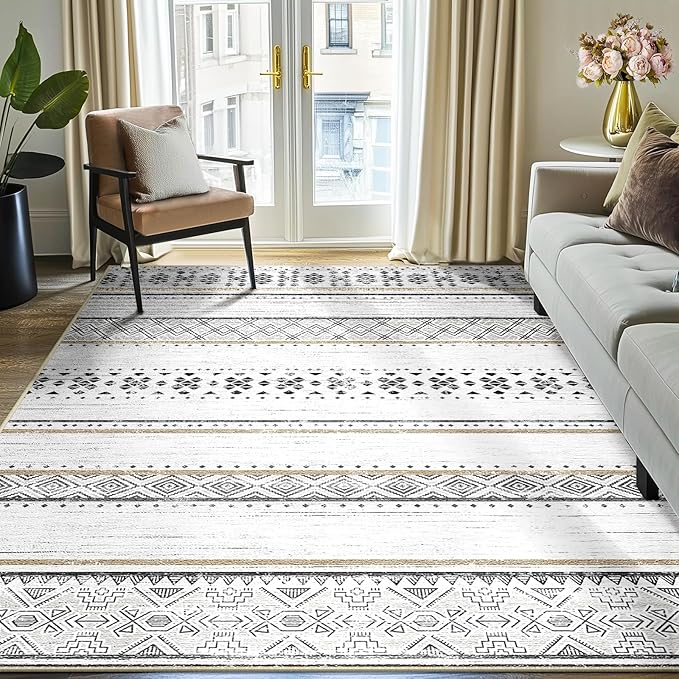 BESTSWEETIE 5x7 Area Rugs for Living Room Washable Moroccan Farmhouse Neutral Geometric Low Pile Non-Slip Soft Print Pattern Rug for Bedroom Kitchen Dining Room Entryway Black/Brown