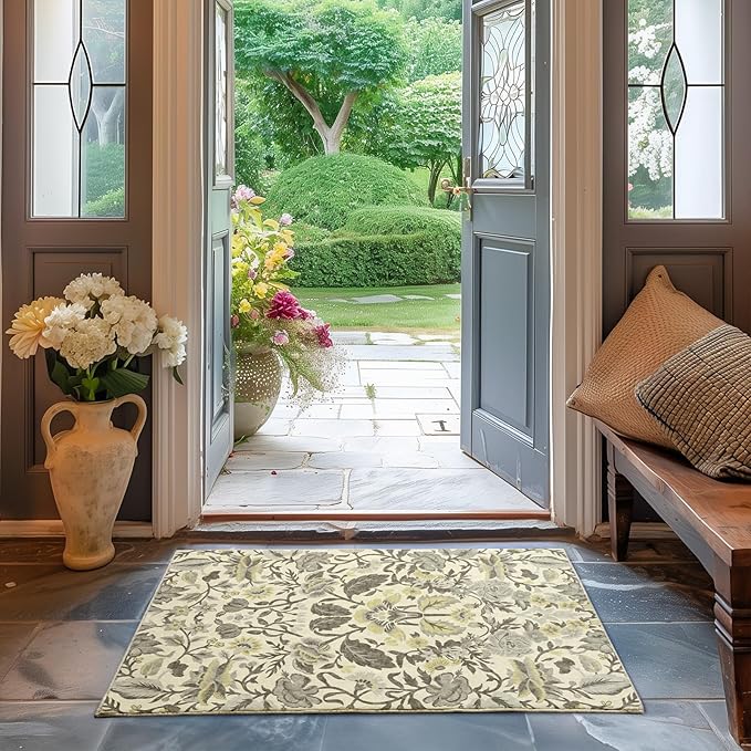 EVERGRACE Area Rugs for Entryway 2x3, Boho Floral Faux Wool Indoor Outdoor Small Rugs, Washable Rugs for Bedroom Bathroom Laundry Doormat, Low Pile Floor Mat Carpet for Home Decor, Gray