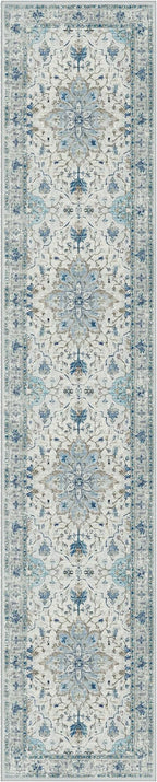 Area Rugs 2'6''x14' Washable Non-Slip, Floral Vintage Distress Print Pattern Medallion Carpet for Living Room Bedroom Dining Room, Light Blue Navy Beige Gray White