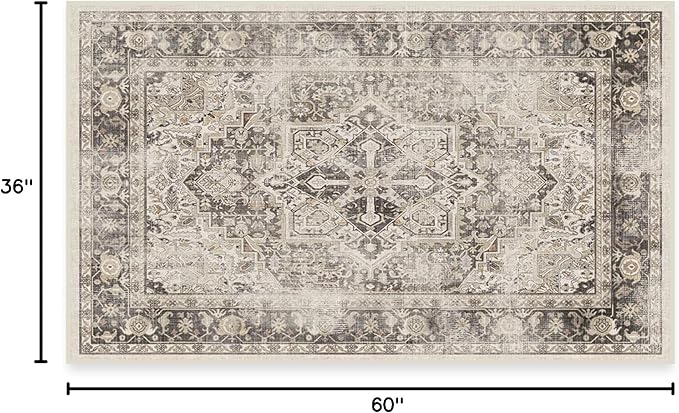 RUGGABLE Washable Vintage Area Rug – Kamran Hazel 3x5, Stain-Resistant, Non-Slip – Small Machine Washable Rugs for Living Room, Bedroom, Hallway, Entryway & Office–with Cushioned Pad