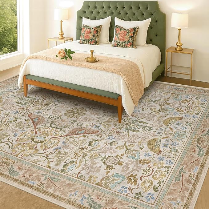 Washable Living Room Rug 8x10 - Country Style Beige Floral Area Rugs for Bedroom Under Bed, Dining Room Table Rug, Stain Resistant Non-Slip Neutral Farmhouse Décor with Light Blue and Green Accent