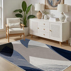 Abstract Art Line Living Room Area Rugs 4x6, Modern Boho Geometric Print Soft Rug, Minimalist Washable Non Slip Neutral Carpet for Bedroom, Dining Room Office Playroom, Navy Blue Gray