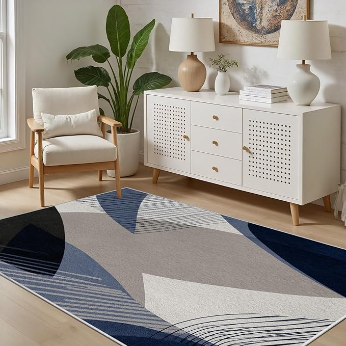 Abstract Art Line Living Room Area Rugs 5x6, Modern Boho Geometric Print Soft Rug, Minimalist Washable Non Slip Neutral Carpet for Bedroom, Dining Room Office Playroom, Navy Blue Gray