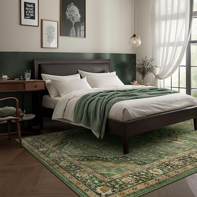 Green Rug 5x8 Area Rugs for Bedroom Washable Rugs Boho Vintage 5x8 Rug for Living Room Carpet Non-Slip Family & Pet Friendly Print Floor Rug(Border Green)