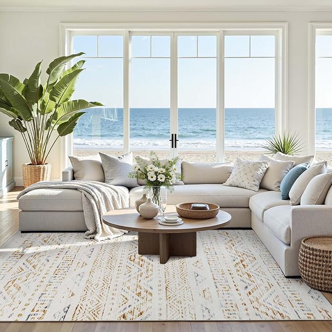 jinchan Boho 8x10 Neutral Area Rugs for Living Room - Machine Washable Moroccan Soft Throw Rug Bohemian Diamond Design Non-Slip Large Carpet for Bedroom Kitchen Dining Room Nursery (8‘x10', Tan/Grey)
