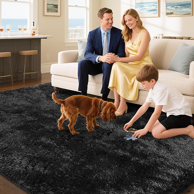 Fluffy Rug Shaggy Area Rug, Black 3x5 Area Rugs for Bedroom, Small Bedside Rug, Soft Fluffy Shaggy Entryway Throw Rugs for Living Room Bedroom Kids Room Home Decor