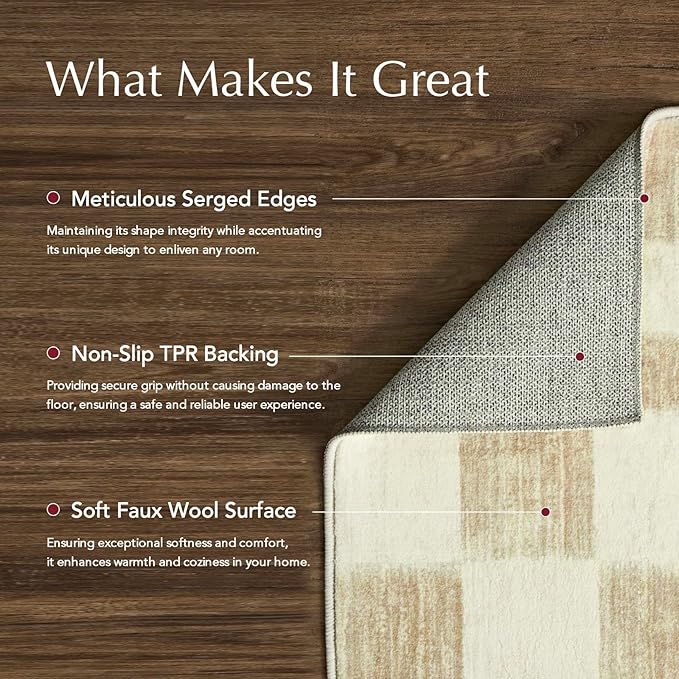 EVERGRACE Checkered Plaid Area Rug 5x7, Soft Faux Wool Rugs Washable Anti Slip Rugs Large Rug Carpet for Entryway Bedroom Living Room Hallway Kitchen Dining Room and Laundry Room, Beige