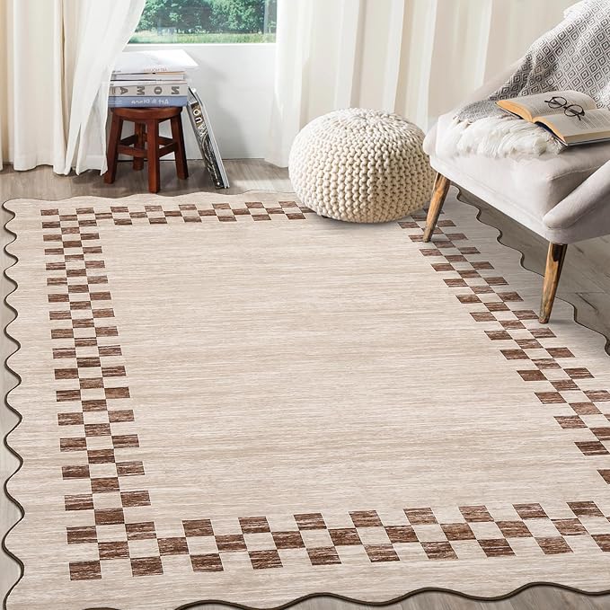 GarveeHome 8x10 Area Rug for Living Room Scalloped Washable Large Bedroom Rug Non Slip Stain Resistant Modern Border Dining Room Throw Carpet Scalloped Boho Rug for Home Decor Office Nursery, Beige
