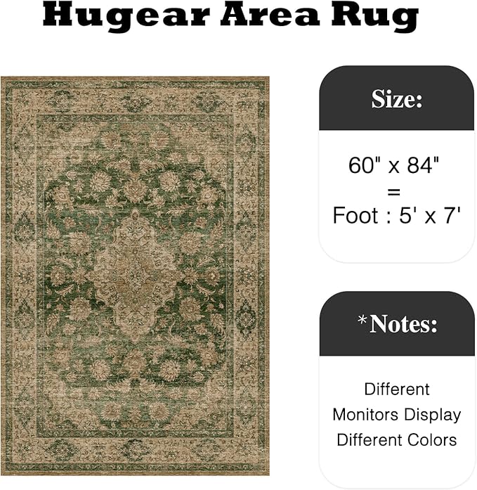 HUGEAR Retro Green Area Rug 5x7 Machine Washable Living Room Rugs Distressed Vintage Floral Low Pile Carpet Bedroom Office Dining Room Laundry Room Non Slip Soft Lightweight