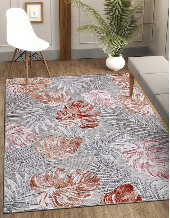 CAMILSON Indoor Outdoor Rug, Multi 4x6 Leaf Tropical Botanical Area Rugs for Indoor and Outdoor patios, Easy-Cleaning Non-Shedding Living Room, Garden and Kitchen Washable Outside Carpet (4 x 6)