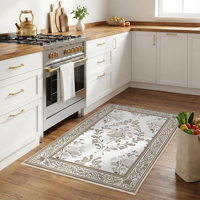 SOULFUL Medium Pile 2x3 Entryway Rug - Soft Underfoot Small Area Rug - Brown Boho Floral - Washable Non-Slip - Perfect for Hallway Kitchen Bedroom Bathroom Indoor Entrance
