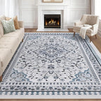 Luxury 5' x 7' Blue Washable Area Rugs, Boho Low Pile Easy Clean Non-Slip Rug, Floral Medallion Pattern Vintage Rugs for Living Room, Dinning Room, Office, Bedroom, Bathroom, Laundry Room, Farmhouse