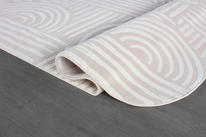 Beverly Rug Modern Geometric Area Rug 4x6 Low-High Pile Durable Soft Abstract Curved Indoor Rugs for Living Dining Room Office Stain Resistant Non Shedding Casual Indoor Carpet Beige White 4 x 6