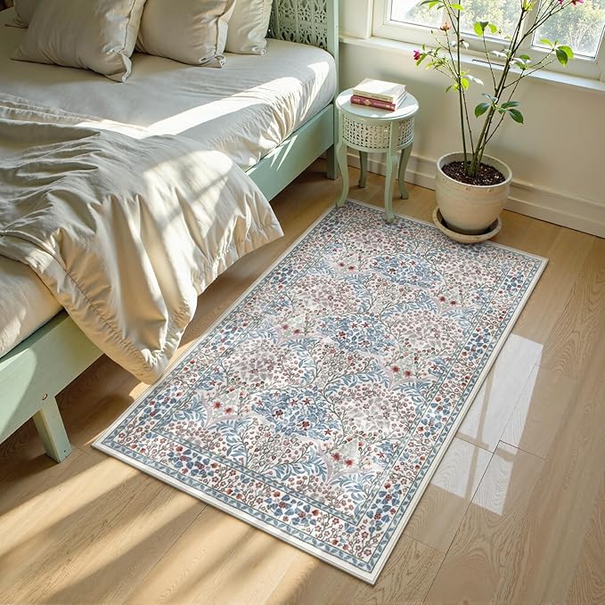 Lahome Floral Washable Rugs for Entryway, 2x3 Kitchen Rugs Non Slip Boho Soft Door Mat Indoor Entrance, Ultra-Thin Easy Clean Forest Design Small Throw Carpet for Bedroom Bathroom, Beige/Blue