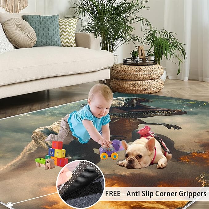 Dinosaurs Rugs for Bedroom - 4x5 Area Rug - Flame Dinosaurs Rugs for Living Room, Forest Landscape Rug, Washable Home Decor Carpet