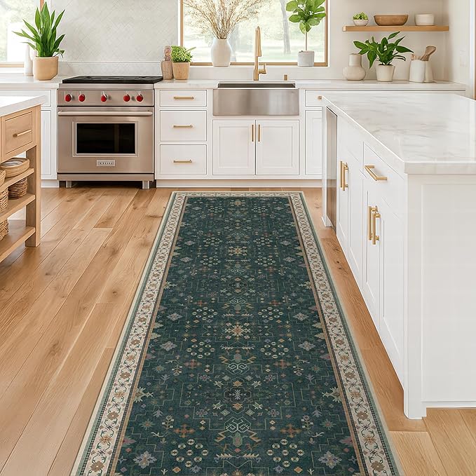 Dark Green Kitchen Rug 12 ft Long - Modern Vintage Boho Eclectic Floral with Brown Accent, Washable Low Pile Non-Slip Extra Long Wide Runner Rugs for Hallway, 3x12