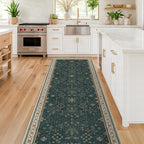 Vintage Dark Green 2x10 Kitchen Rug - Modern Boho Eclectic Floral Pastel, Washable Low Pile Non-Slip Extra Long Runner Rugs for Hallway, Bedroom
