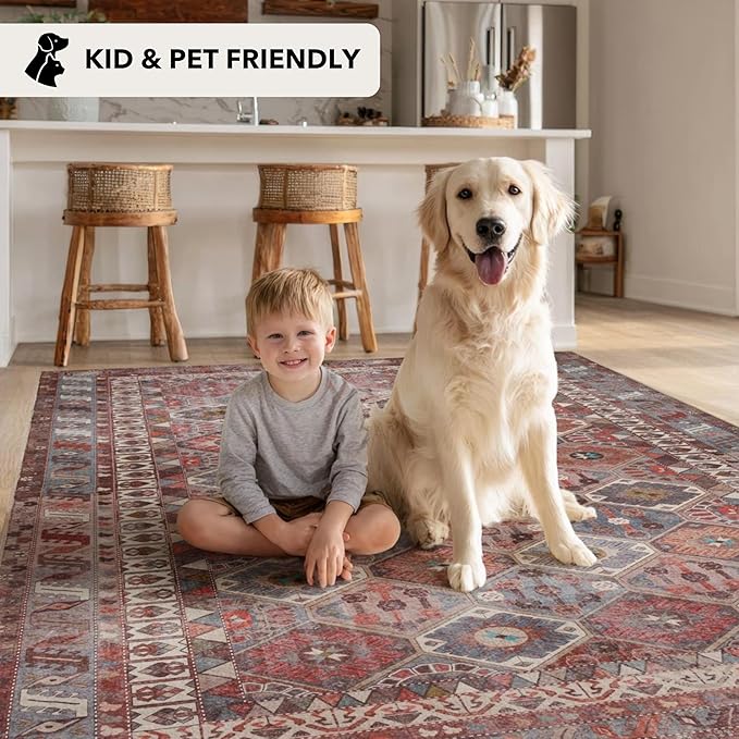 Kuden 6x9 Area Rug, Machine Washable Area Rug with Non-Slip Backing, Vintage Style, Soft, Easy Clean, Low Pile Rug for Living Room, Bedroom, Dining Room