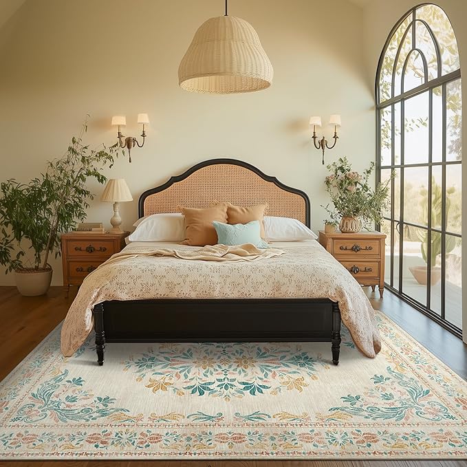 jinchan Vintage Floral 6x9 Area Rugs for Living Room - Machine Washable Distressed Design Soft Throw Rug Ultra-Thin Non-Slip Large Carpet for Bedroom Nursery Dining Room Home Office (6x9ft, Apricot)