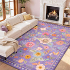 Floral 8x10 Area Rug Machine Washable Soft Print Boho Carpet Non Slip Doormat Low Pile Flower Area Rugs for Living Room Bedroom Nursery Kitchen Dining Room Indoor-Purple/Pink/Multi